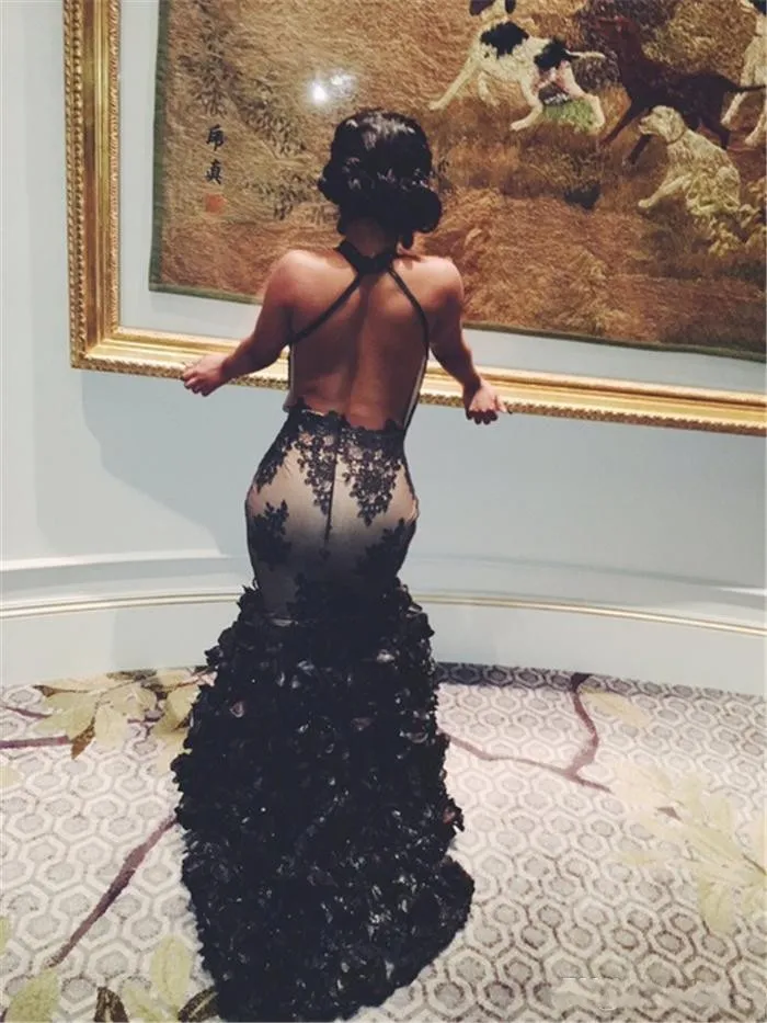 2018 Abiti da ballo a sirena africana Collo alto nero Buco della serratura Applique di pizzo Paillettes Backless Fiori 3D Abito da sera a strati Abiti da festa