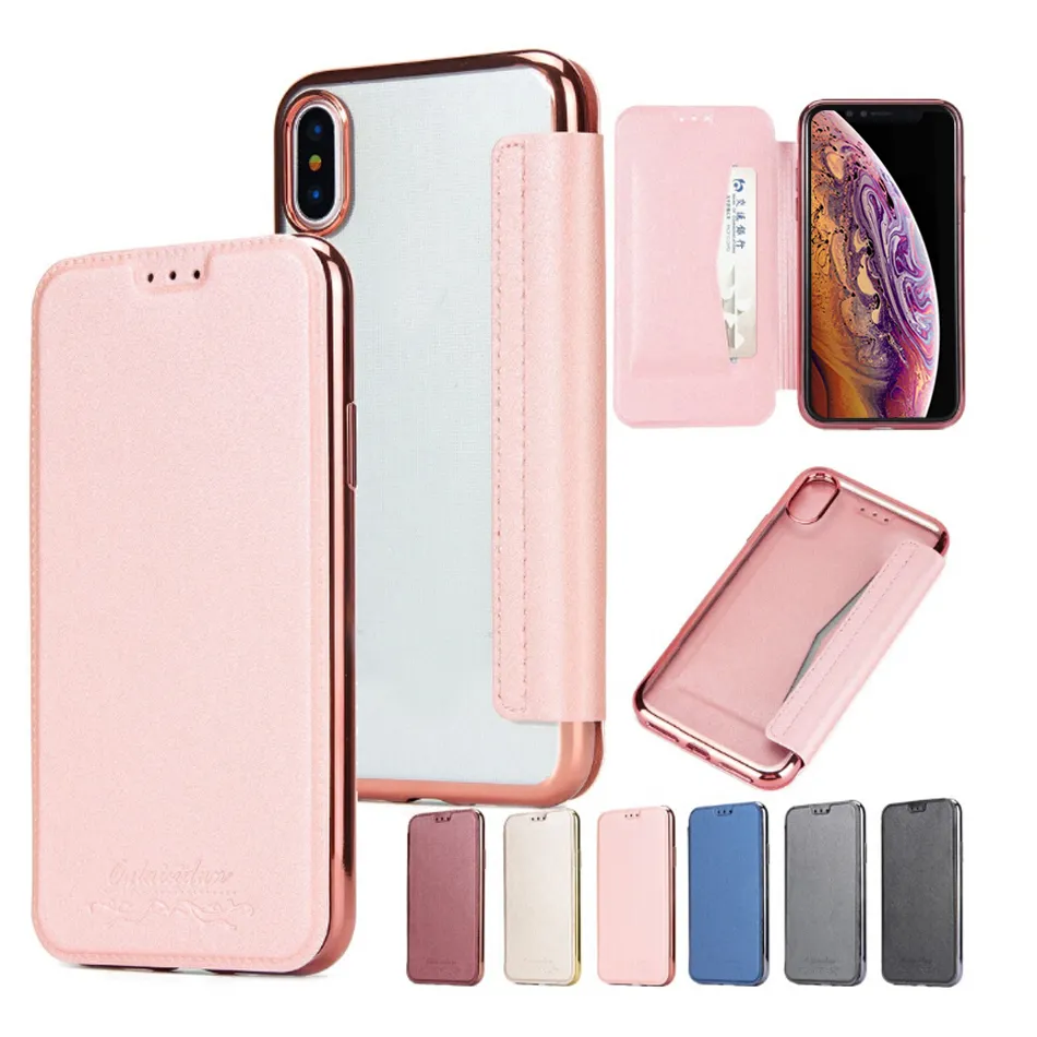 Custodia a conchiglia in pelle PU elettroplaccata trasparente in TPU con cover posteriore per slot per schede Portafoglio morbido trasparente per iPhone XR XS 7 8 Samsung S8 S9