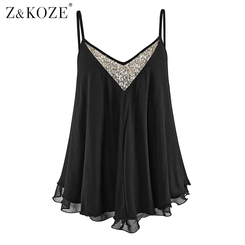 ZKOZE Damen Pailletten Sling Camisole V-Ausschnitt Chiffon Weste Shirt Damen Sommer Tank Tops schwarz/weiß Camis Tops Blusa feminino