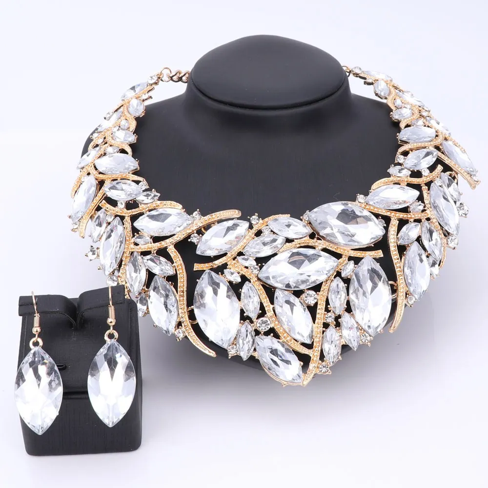 Afrikanische Perlen Schmuck Sets für Frauen Zubehör Hochzeit Braut Kristall Anhänger Opulente Halskette Ohrring Harz Edelstein Schmuck Set