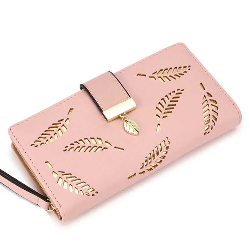 2018 kvinnor plånbok handväska kvinnlig lång plånbok guld ihåliga löv påse handväska för kvinnor mynt handväska korthållare Portefeuille femme