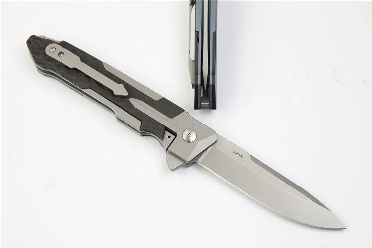 High End Flipper Nóż S35VN Kamienny Wash Blade Włókno węglowe + TC4 Titanium Uchwyt EDC Kieszonkowe Składane Noże Nylon Case