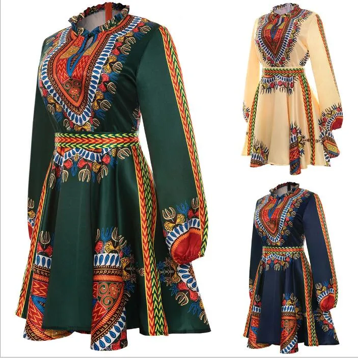 Bohemian African Dresses Sexy Dashiki Bodycon Etnisk Klänning Kvinnor Tribe Kaftan Fashion Tops Slim Casual Dress Print Långärmad Klänning B3743