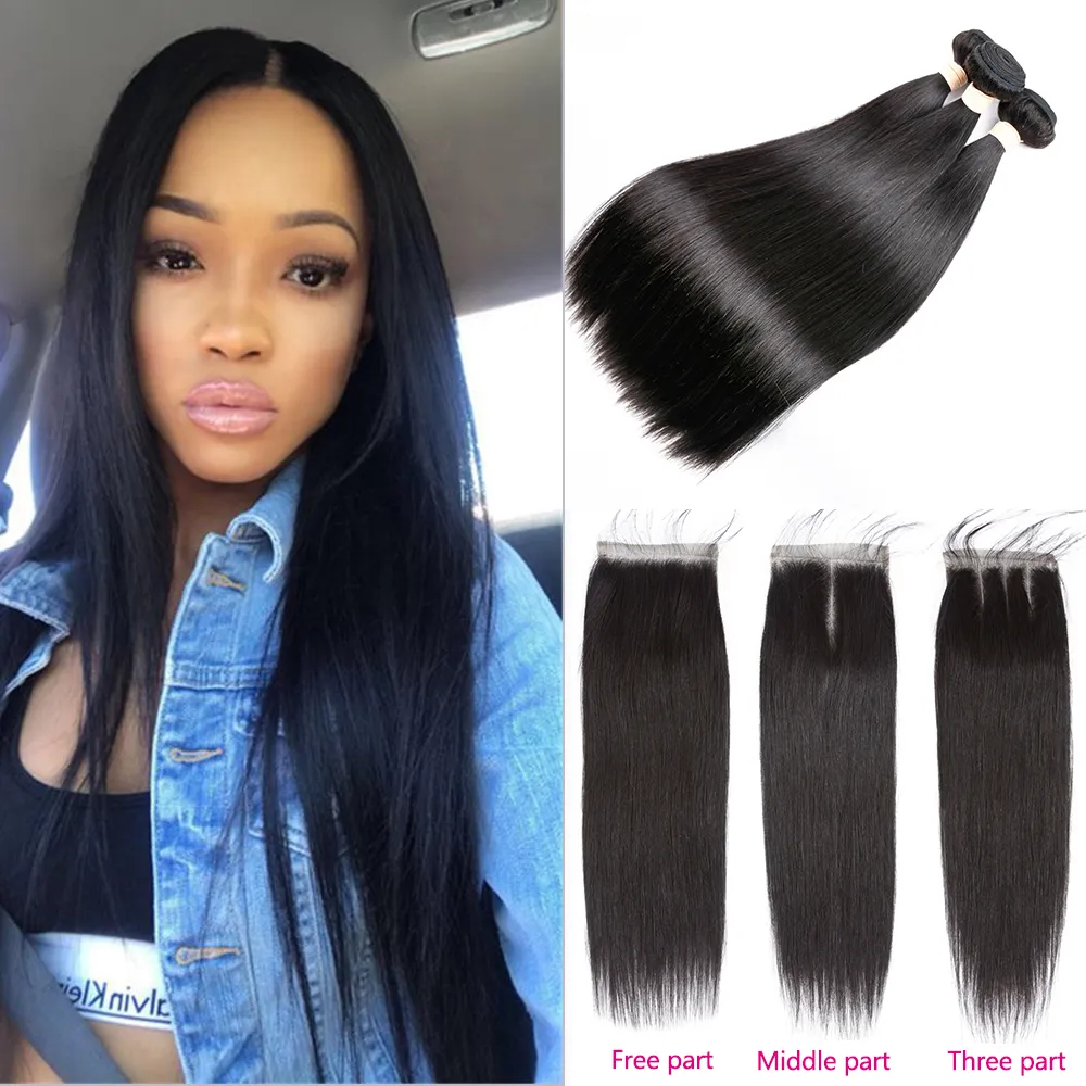 8A Brazilian Straight Human Hair Bundles with Closure 100% Unprocessed Virgin Hair 3 Bundles with Lace Closure Natural Color Brazilian Hair