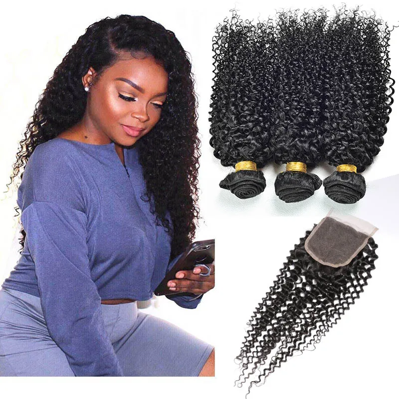 Mongoolse maagdelijke haarextensions bundels met 4x4 kanten sluiting 4Pieces/veel kinky krullende 8a groothandel menselijk haar met sluiting babyhaar