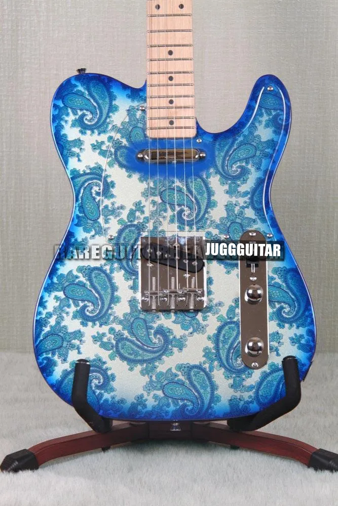 Custom Shop Crook Brad Paisley Signature Blue Sparkle Paisley Guitare électrique, manche en érable, pickguard transparent, matériel chromé