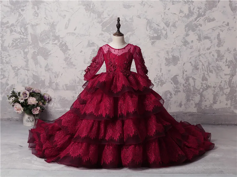 Amazing Multi-Layer Girls Pageant Gowns Dark Red Lace Long Sleeves Appliques Beads Flower Girl Dresses For Wedding Long Train Party Dress