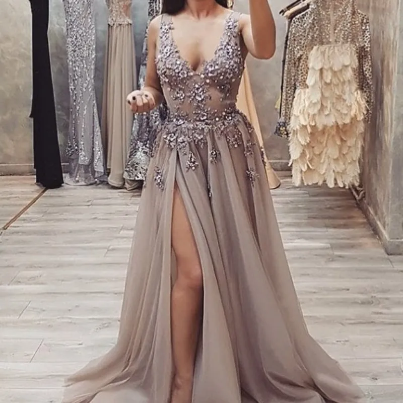 Fashion Deep Vneck Robes de bal perles paillettes Appliques Side Split Tulle Party Robe bon marché Robe de cocktail sexy fabriqué sur mesure même 6215552