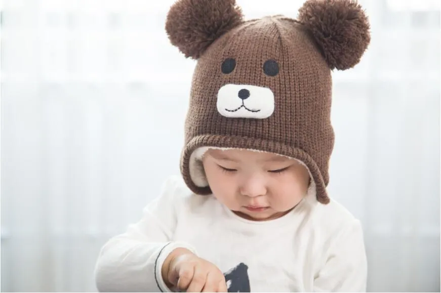 Knitted Kids Winter Hats Double Ball Warm Cute Bear Cartoon Beanies for Boys Girls
