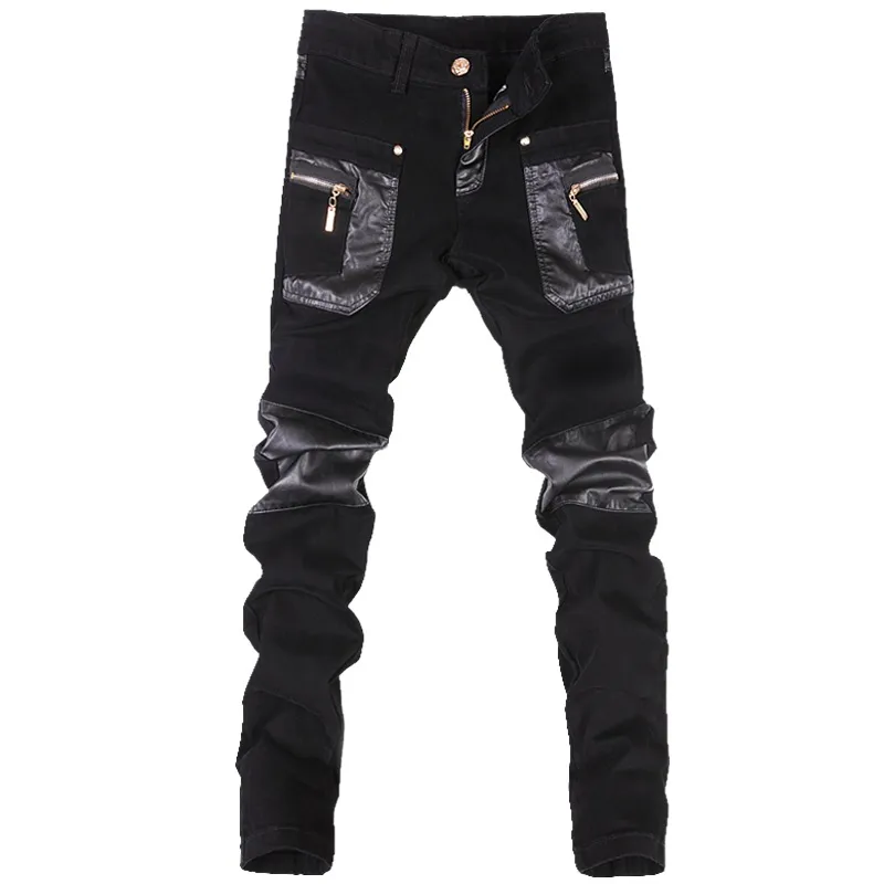 Sprzedaż hurtowa-koreański styl fajne modne męskie spodnie punkowe ze skórzanymi zamkami czarny kolor mocno skenny Plus rozmiar 33 34 36 spodnie rockowe