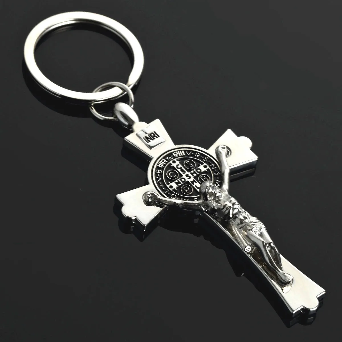 Aço inoxidável prata jesus cristo pingente cruz charme de metal chaveiro anel chave do carro presente da jóia religiosa titular chave