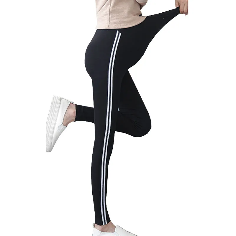 Maternity stickade leggings för gravida kvinnor byxor sida randiga sideseam sweatpants leggings comfy fritid graviditet byxor