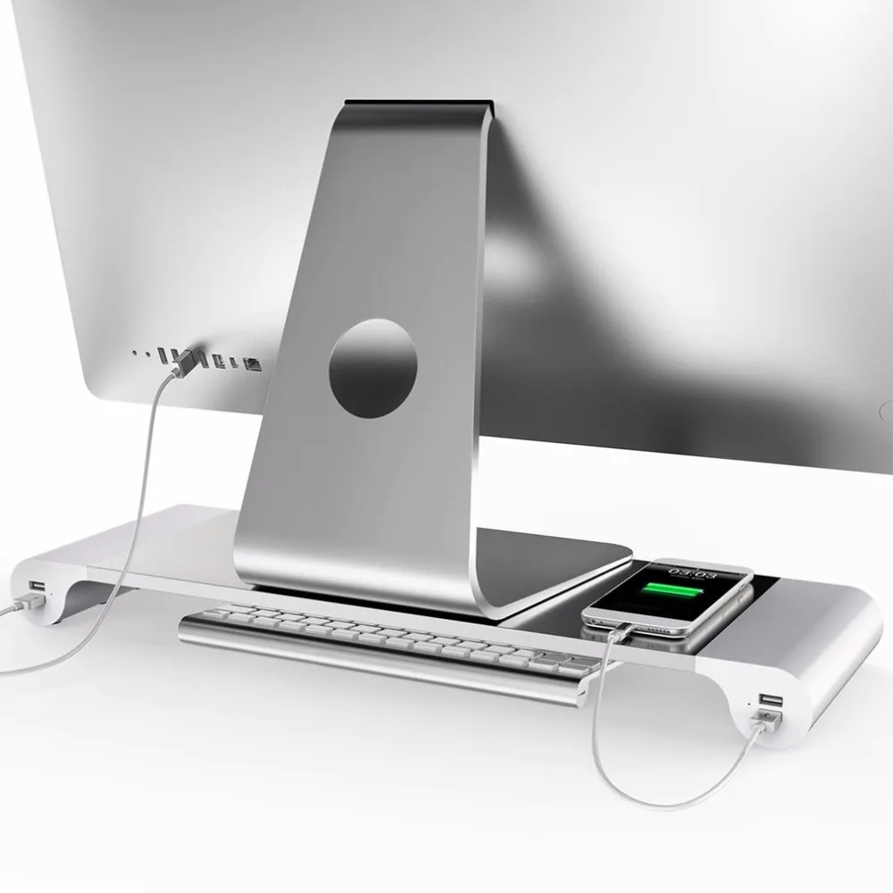 Freeshipping Aluminium 4 portar USB-bärbar datorskärmshållare Bracket Spara Space Heighten Stand för PC-dator för Apple + US EU-kontakt