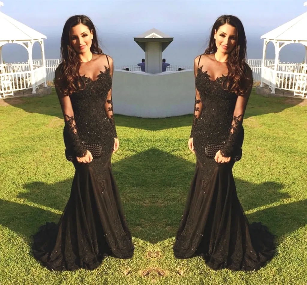 Evening Dresses Sexy Arabic Jewel Neck Illusion Lace Appliques Crystal Beaded Black Mermaid Long Sleeves Formal Party Prom Dresses DH4041