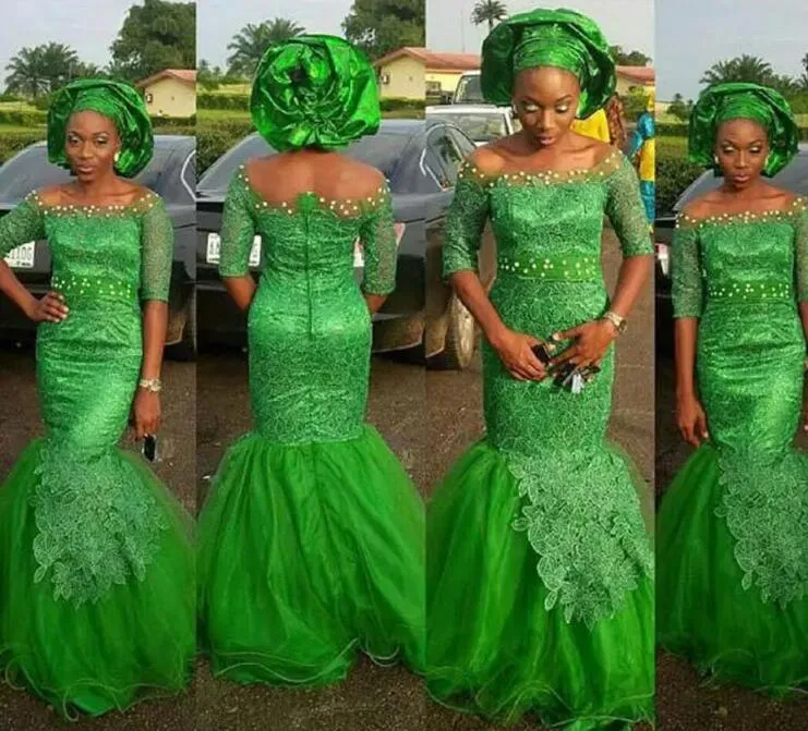 Nigerian Lace styles Prom dresses Mermaid 2022 Beaded Half sleeves Tulle Evening Formal Gowns Cheap Long Hollow Back New