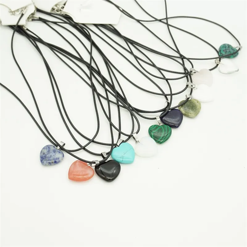 Love Heart Druzy Crystal Stone Necklace Drusy Charms With Wax Leather chains Natural Stone Pendant Necklaces