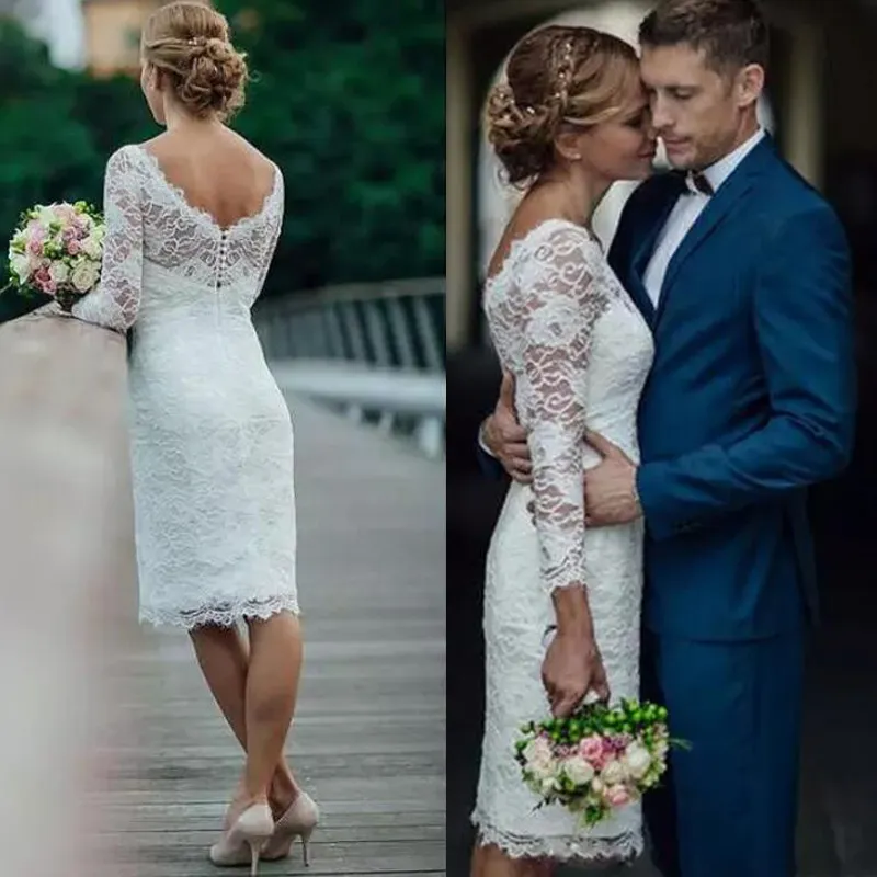 Summer 2019 Short Lace Wedding Dresses Knee Length Simple Jewel Neck Long Sleeves White Ivory Mini Sheath Wedding Dresses Bridal Gowns