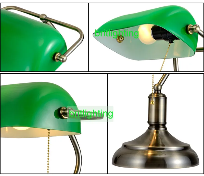 Candeeiros de mesa de bronze antigo tradicional candeeiros de mesa de leitura luz de vidro verde Ajustável Tarefa Desk Lamp latão iluminação quarto