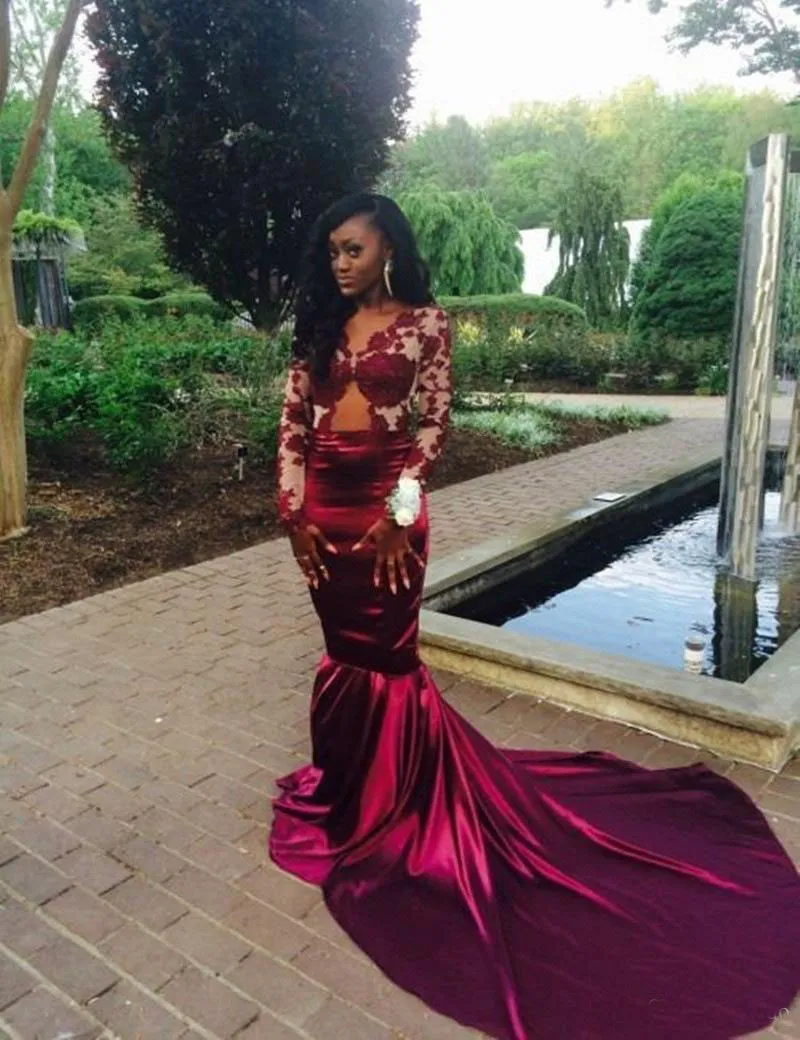 2017 Long Sleeve Mermaid Prom Dresses for Black Girl V Neck Lace Applique Formal Evening Party Gowns Burgundy Plus Size Evening Gowns