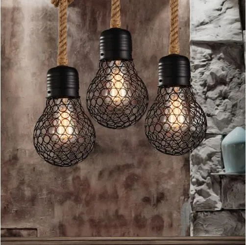 Loft Bulb Shape Rope Pendant Light Metal Cage Hanging Light Fixture Industrial Droplight For Restaurant Bar Coffee Room Decortion