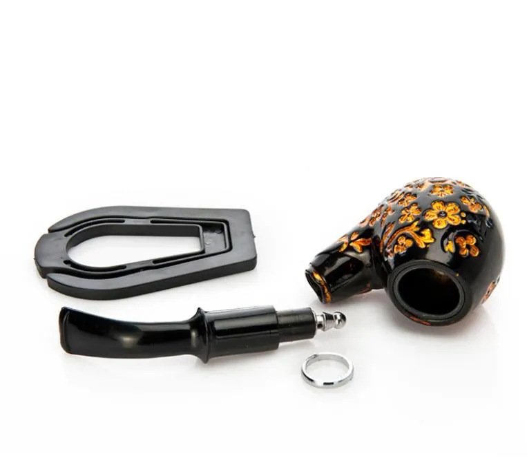 Yellow pattern engraving curved resin pipe 145MM black plastic cigarette holder