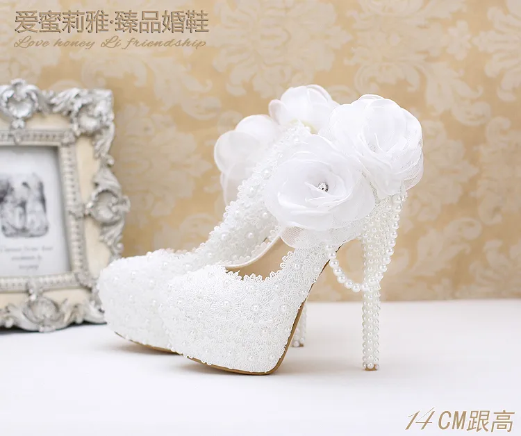 Pérolas Cristais Sapatos de Noiva Branco Feito sob Medida Tamanho 10 cm 12 cm 14 cm Salto Alto Sapatos de Noiva Festa de Baile Feminino Bombas 230k