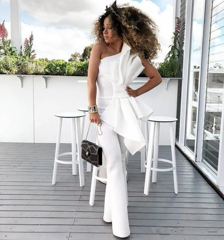 Nieuwe Chic Vintage One Shoulder White Women Jumpsuit Prom Dresses met Big Bow Formal Party Avondjurken Custom Made Special Gelegenheid Jurk