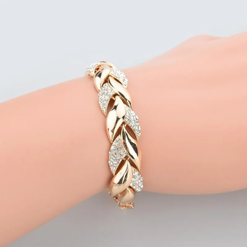 Heißer Geflochtene Gold farbe Blatt Armbänder Armreifen Mit Steinen Luxus Kristall Armbänder Für Frauen Hochzeit Schmuck