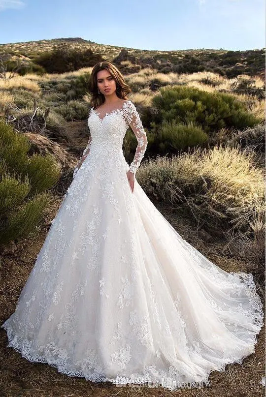 Abiti da sposa classici con scollo a V sexy con scollo a V e linea trasparente con applicazioni di pizzo a maniche lunghe, abiti da sposa classici