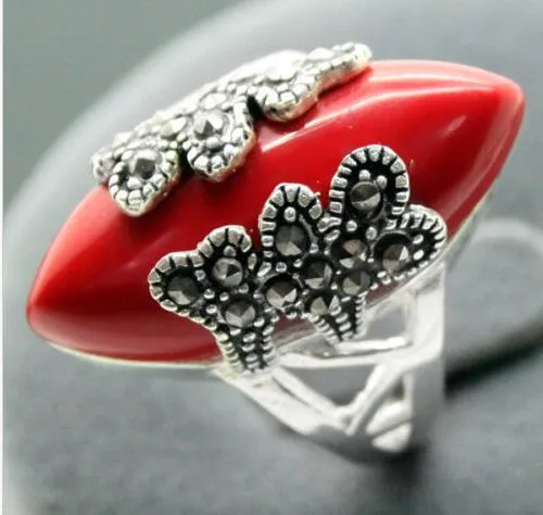 Sällsynta 925 Sterling Silver Red Coral Gems Handcrafted Ring Storlek 7/8/9/10