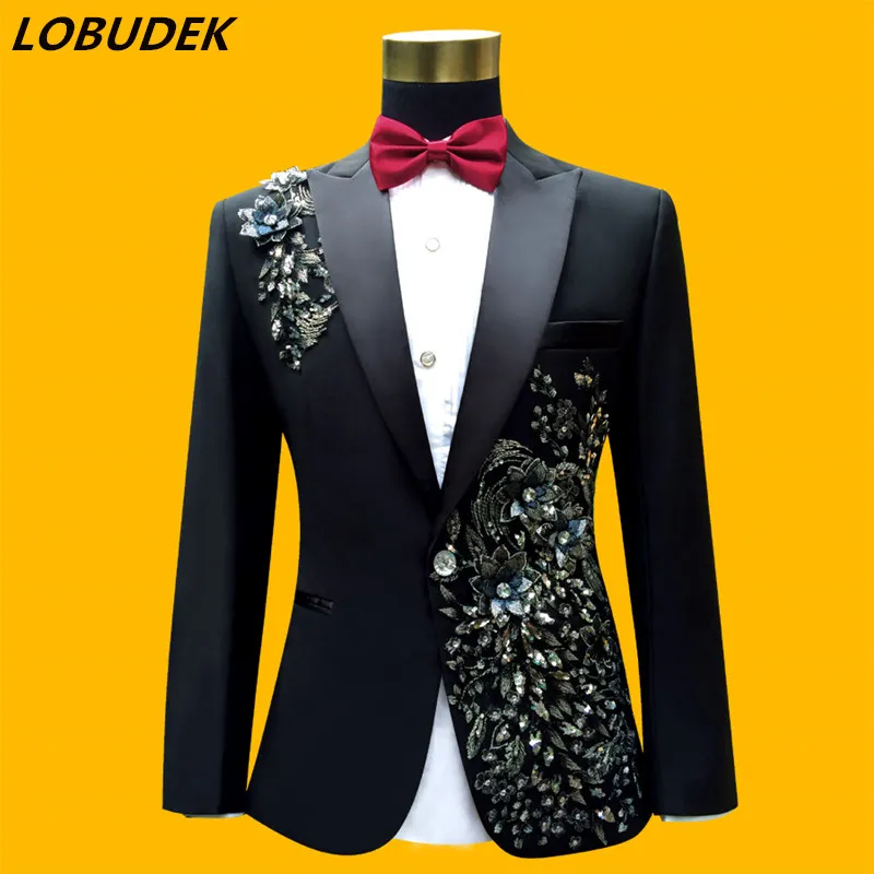 Moda Applique di alta qualità Abiti da uomo Paillettes scintillanti Cristalli bianchi Blazer Pantaloni Set Prom Party Host Cantante Costume Abito da sposa