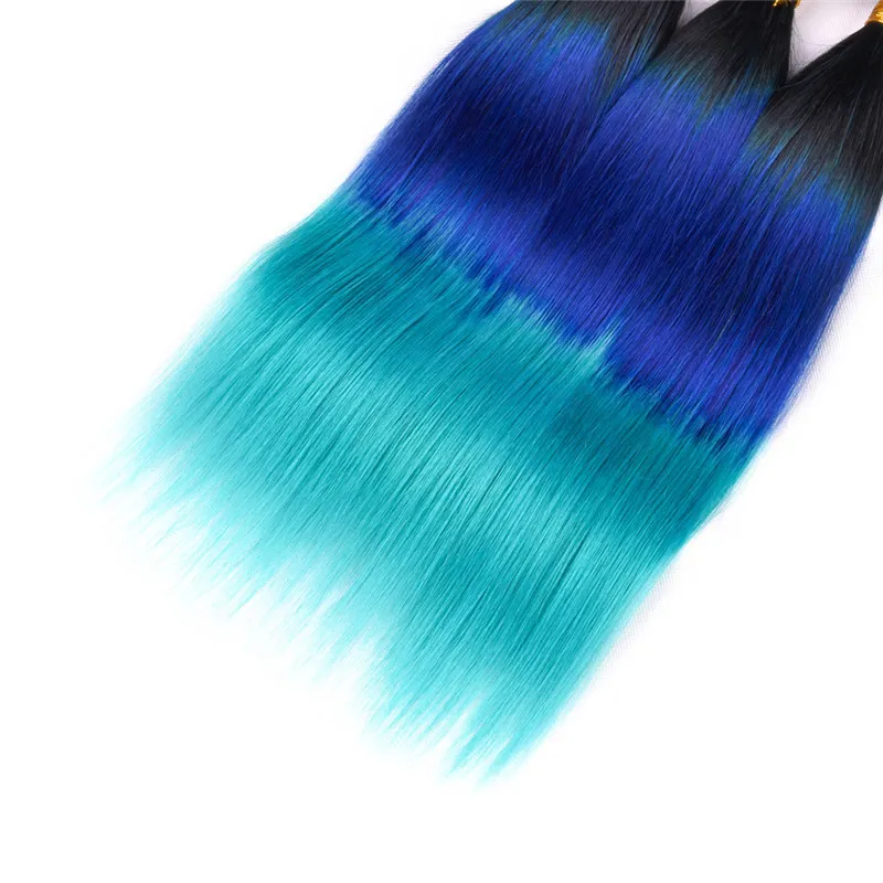 Dark Rooted #1B/Blue/Teal Three Tone Ombre Brazilian Virgin Human Hair Bundles Straight Ombre Human Hair Weaves Double Weft Extensions