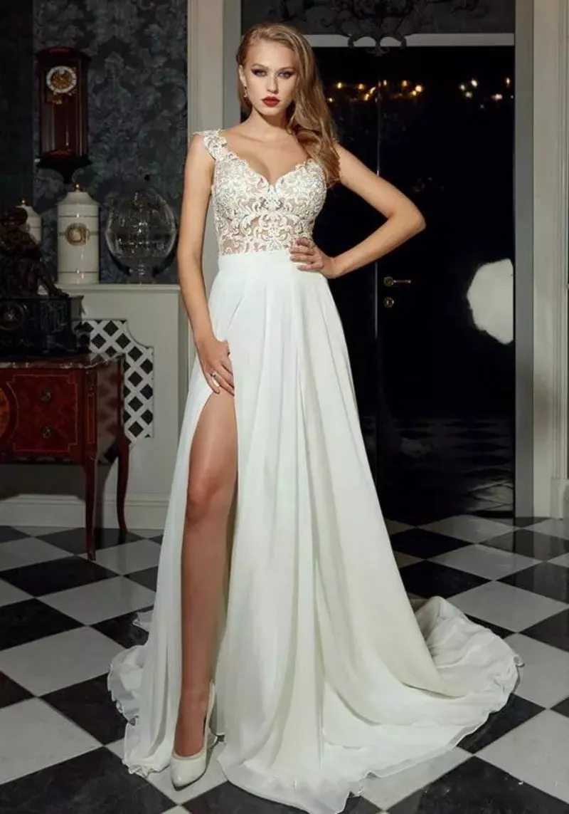 Sexy High Split Chiffon Beach Wedding Dresses Sheer Jewel Neck Illusion Back Country Wedding Gowns See Through A Line Bridal Dresses