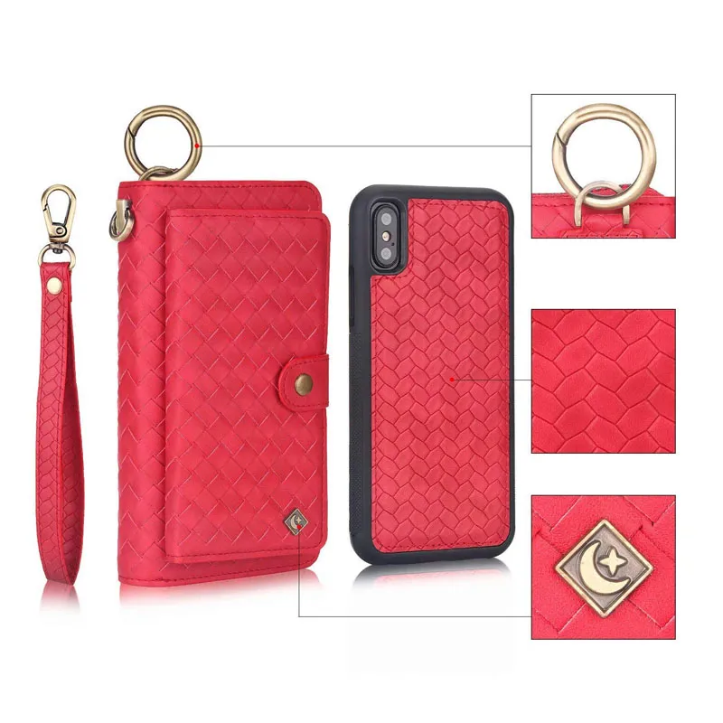 Per iPhone XS Custodia a portafoglio Borsa con cerniera Borsa magnetica staccabile 14 slot per carte Tasca per soldi Custodia in pelle con frizione per iPhone Galaxy S9 Plus