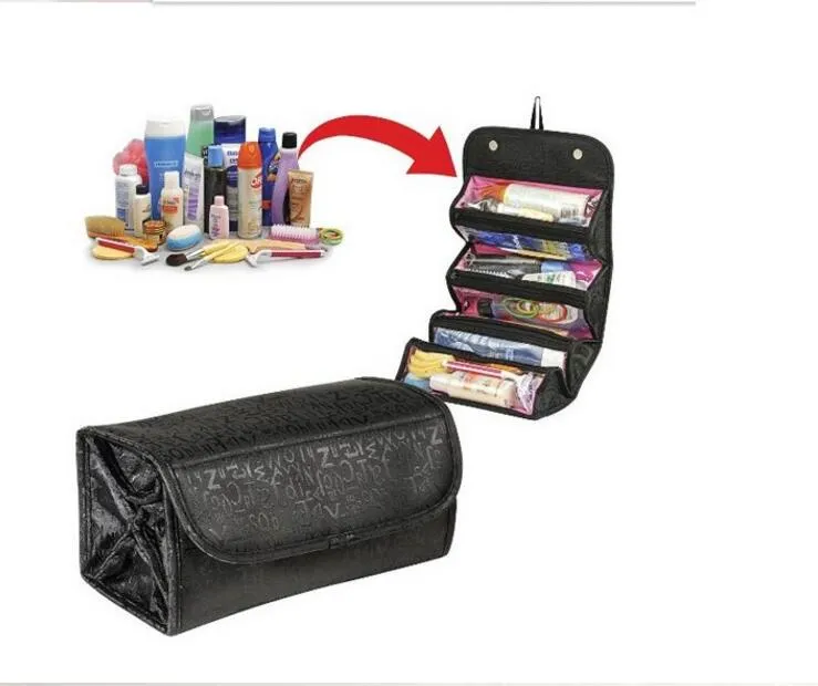 ROLL-N-GO Faça Bag Up Caso Cosmetic casos, as mulheres Maquiagem Saco de suspensão do curso kit de higiene pessoal Jewelry Organizer Caso Cosmetic dobrável