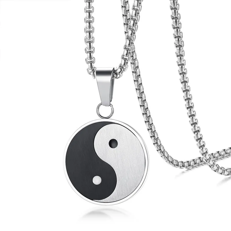 Cor de prata titanium aço yin yang yui chi padrão rodada pingente de colar fo homens mulheres moda jóias