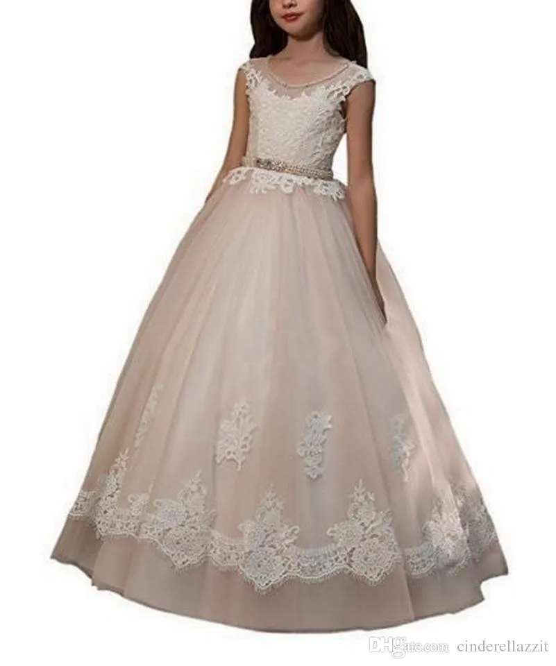 Flower Girls Dresses for Weddings Princess Little Girl Formal Gowns Jewel Neck Lace Top Tulle Skirt Teens Dress with Pink Beaded Sash