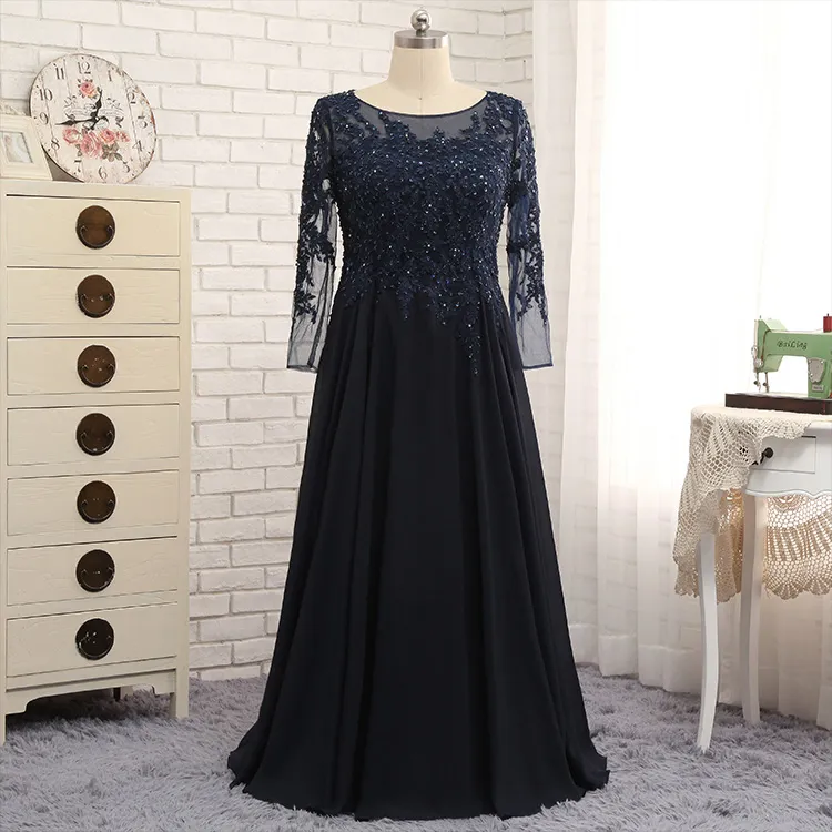 Navy Blue A-Line Embroidered Bodice 3/4 Sleeves with Belt Mother Of The Bride Dress