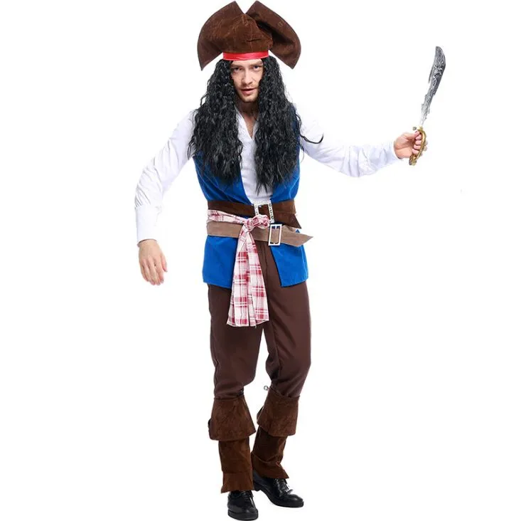 Costume da pirata cosplay Costume da pirata blu da uomo Costume da capitano pirata Costume da gioco uomo di Halloween 2017 prodotti più venduti