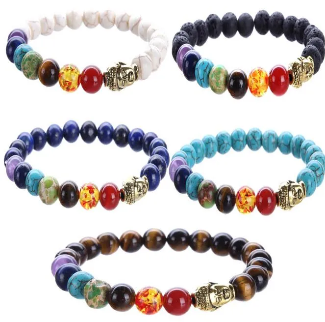 JLN Sette Chakra Bracciale Testa di Buddha Yoga Energia Guarigione Pietra Lapislazzuli Occhio di Tigre Bracciale Elastico in Lava Oro Antico per Uomo e Donna