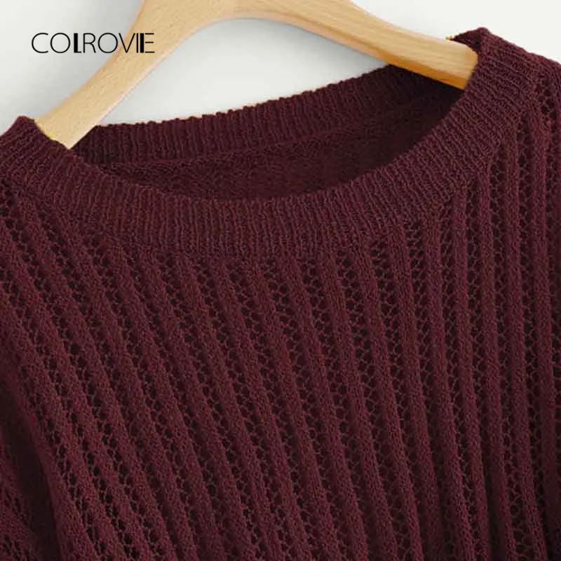 Colrovie Burgundy żebrowane swobodne strzały sweter w 2018 r. Jesienne dzianiny streetwear pullover jumper dziewczęta swetry kobiety ubrania 1128740