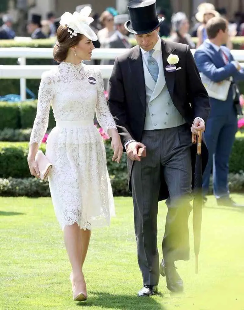 Vestido de renda sexy para mãe da noiva com mangas compridas Kate Middleton vestidos formais gola alta na altura do joelho vestidos para mães236a
