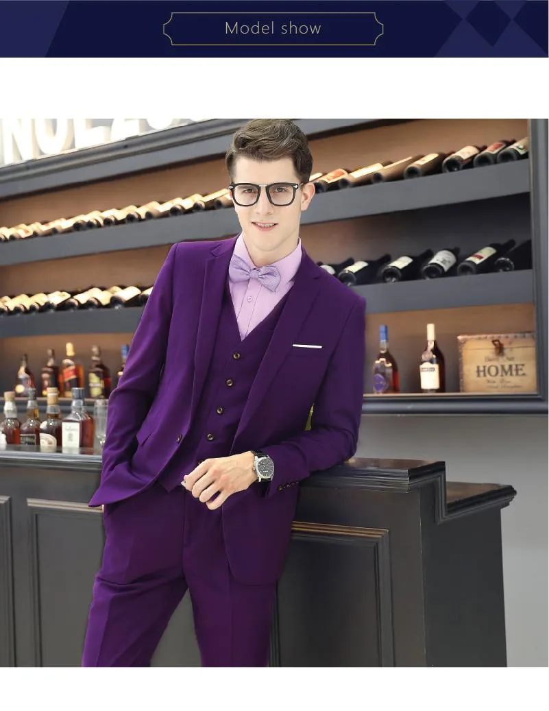 Fashion Purple Men 3 Piece Suit Tuxedos Excellents smoking Smooth