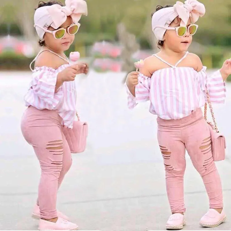 Girls Clothing Sets Summer Baby Kids Girls Off-shoulder Shirt Stripe T-shirt Tops Pants Children Clothes Sets