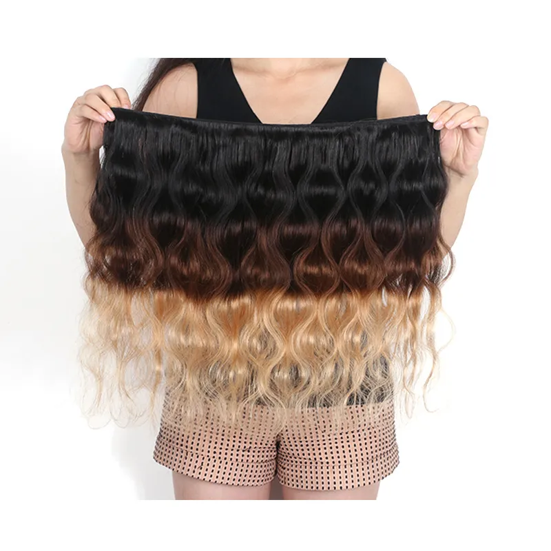 Ombre Cheveux Humains 3 Bundles Avec Fermeture À Lacets Brésilien Péruvien Malaisien Indien Vague De Corps Trois Tons Brun Blond 1B427 Cheveux W1247258