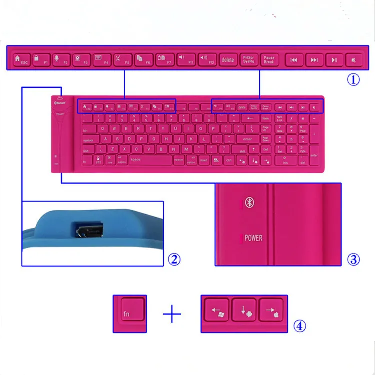 ReHoMi 108 Teclas Bluetooth 3.0 Teclado Flexível À Prova D 'Água Dobrável Silicone Silencioso Teclados Macios para PC Portátil Tablet Smartphone