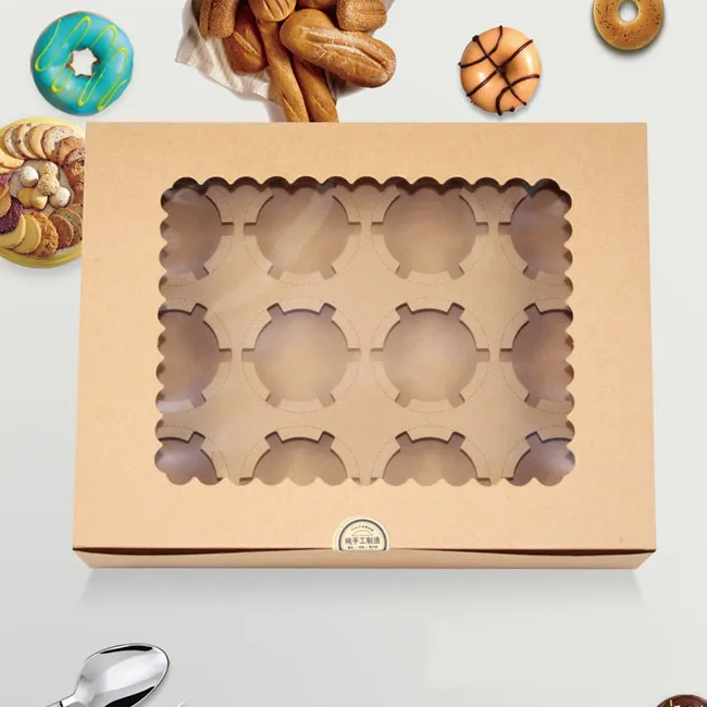 Nieuwe 10 stks / partij venster Cupcake Box met Insert Past 12 Standaard Maat Cupcakes Clay Coated Kraft Papieren Board, Insert Lock Corner Bakery Boxs