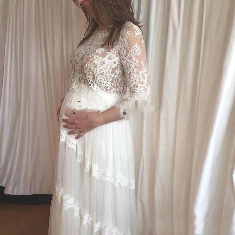 2018 Lace Illusion Pregnant Boho Lace Wedding Dress with 3/4 Sleeves, Tulle Ruched Design, Customizable Plus Size Maternity Bridal Gown - Made in