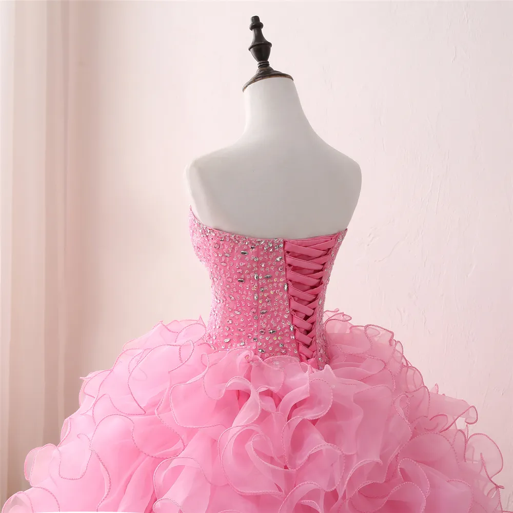 2018 Nuovo arrivato Real Photo Sexy Abito da ballo in cristallo rosa Abito Quinceanera con paillettes perline Abito dolce 16 Vestido Abiti da debuttante BQ127