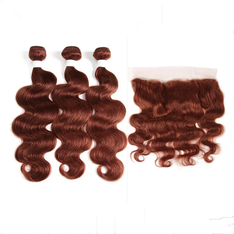 Copper Red Virgin Brazylijski Human Hair Wiązki z Frontals Ciała Fala # 33 Dark Auburn 13x4 Full Lace Frontal Zamknięcie z wiązek splot